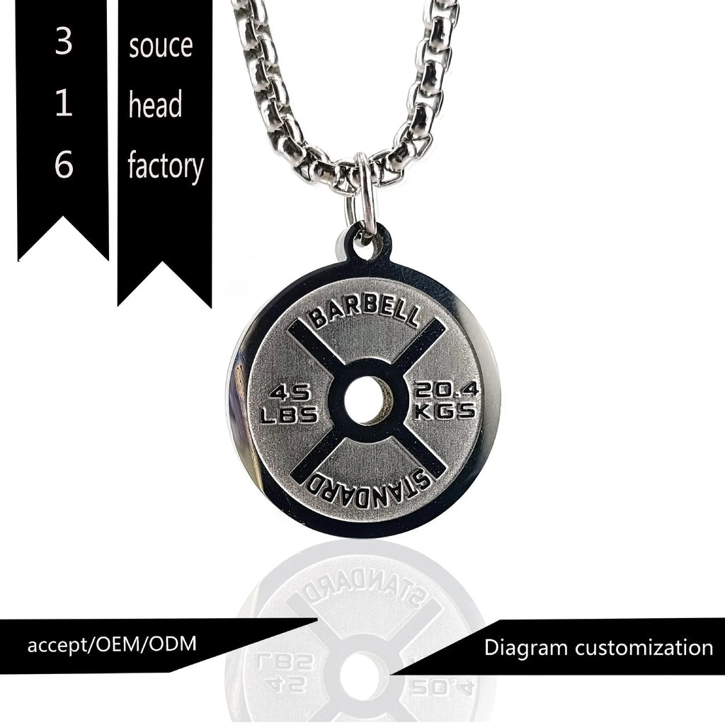 Stainless steel barbell disk necklace with geometric pendant on 60cm chain