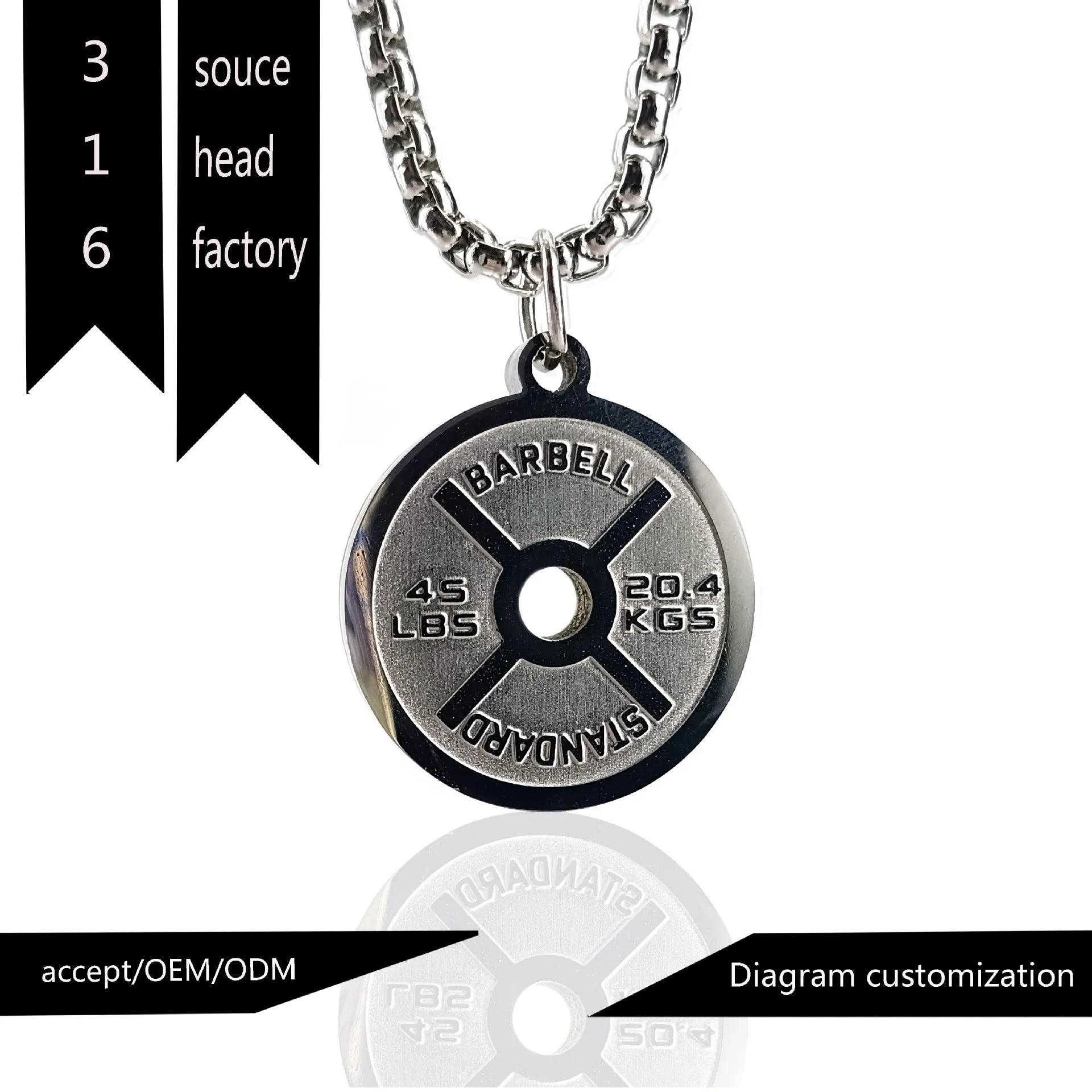 Stainless steel barbell disk necklace with geometric pendant on 60cm chain