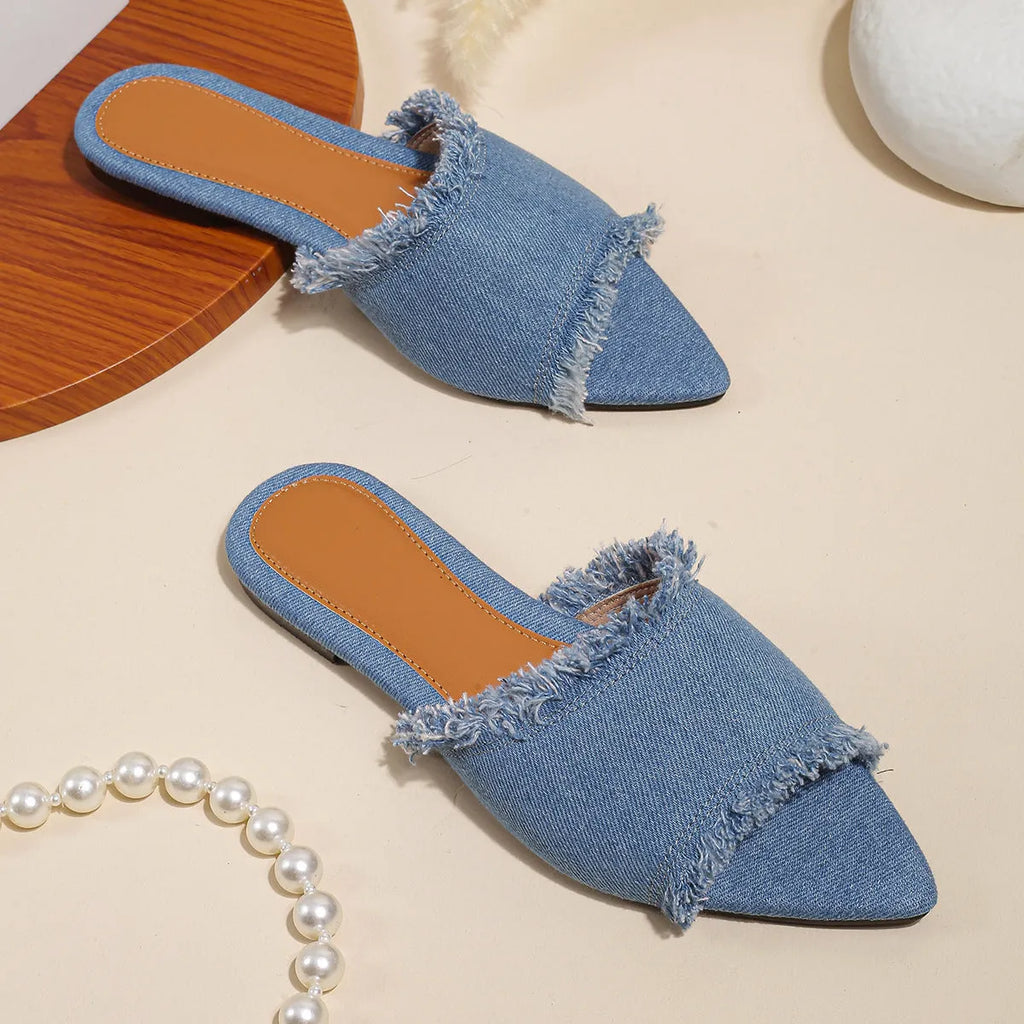 Women's denim flat slippers with tassel detail and leather lining in apricot colour