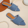 Women's denim flat slippers with tassel detail and leather lining in apricot colour