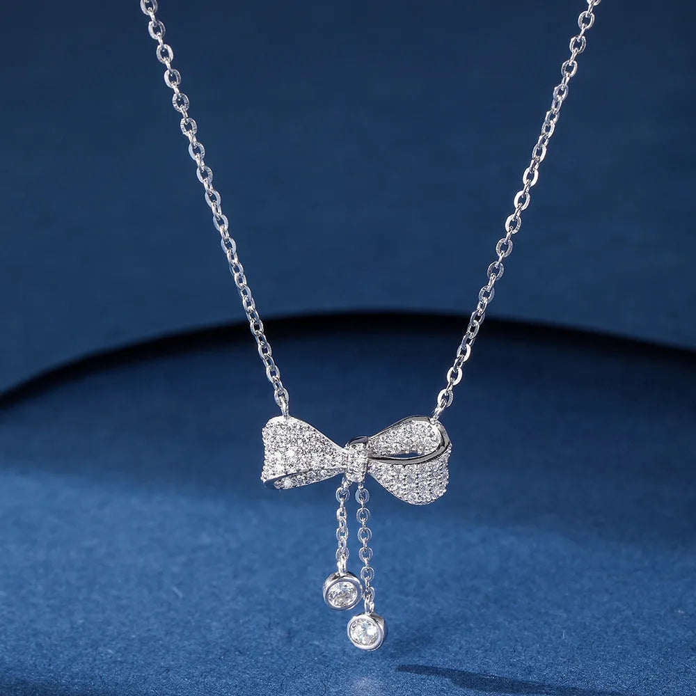 S925 sterling silver bow pendant necklace on adjustable 40-45cm O-ring chain