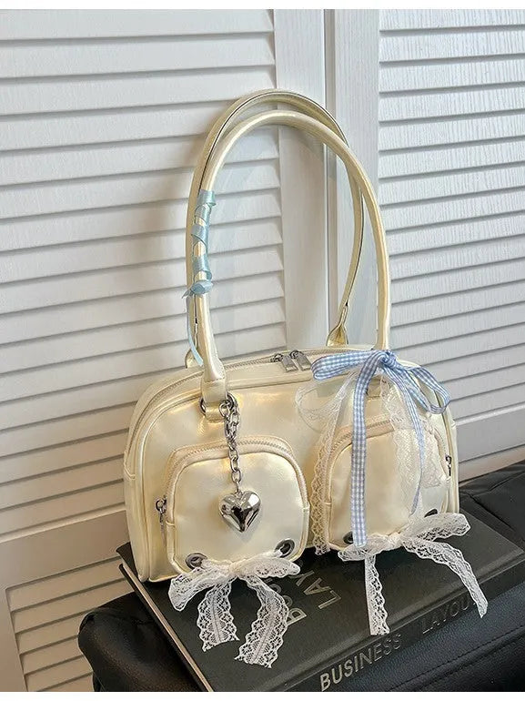 Large capacity PU shoulder bag in beige with double shoulder straps and internal mobile phone compartment