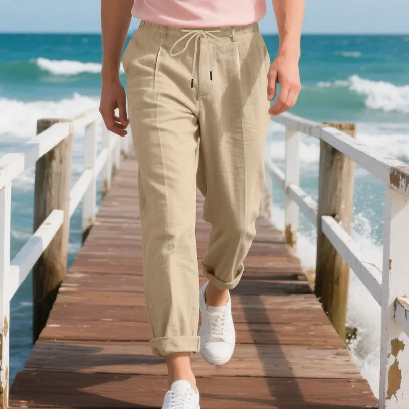 Men's casual linen trousers in loose straight-leg style with drawstring waist