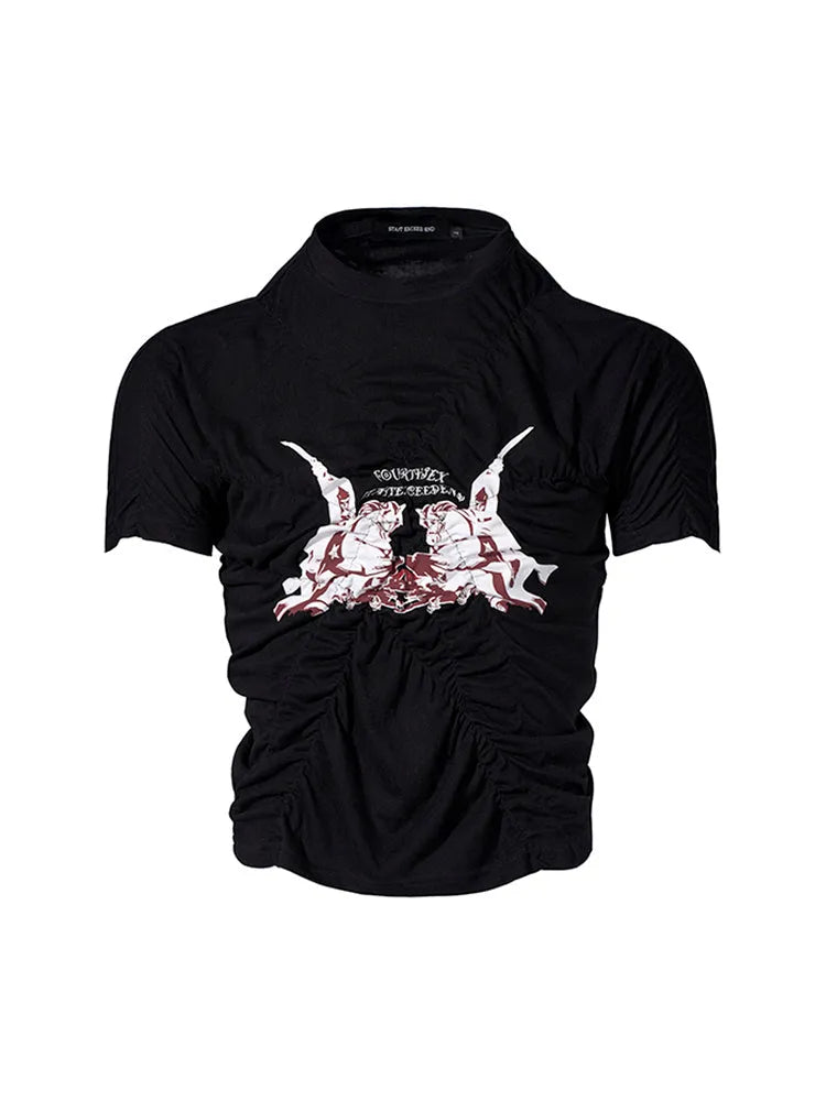 Black men's slim fit T-shirt with printed pleating design on short sleeves for summer wear