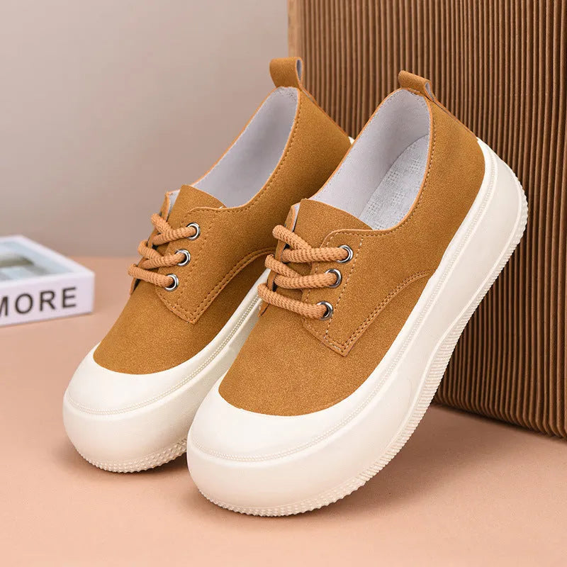Women's camel suede platform loafers with lace-up front and a flat 4CM heel.