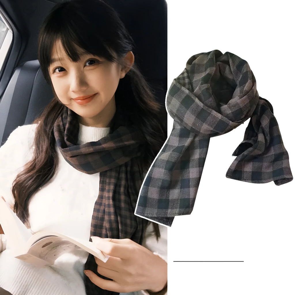 Brown double-sided plaid scarf made from Japanese cotton and linen, rectangular shape for teenagers