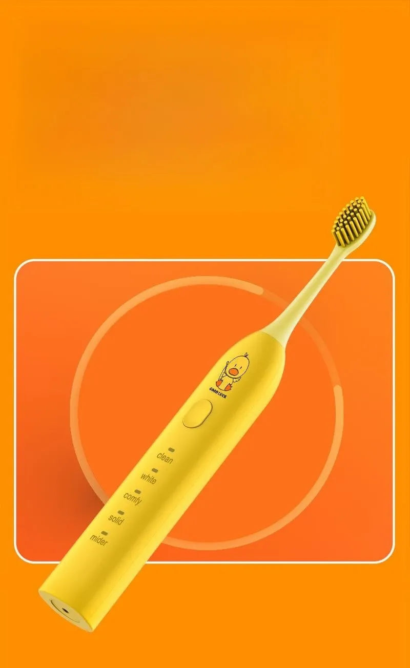 Yellow rechargeable electric toothbrush with USB charging port and soft bristle brush head