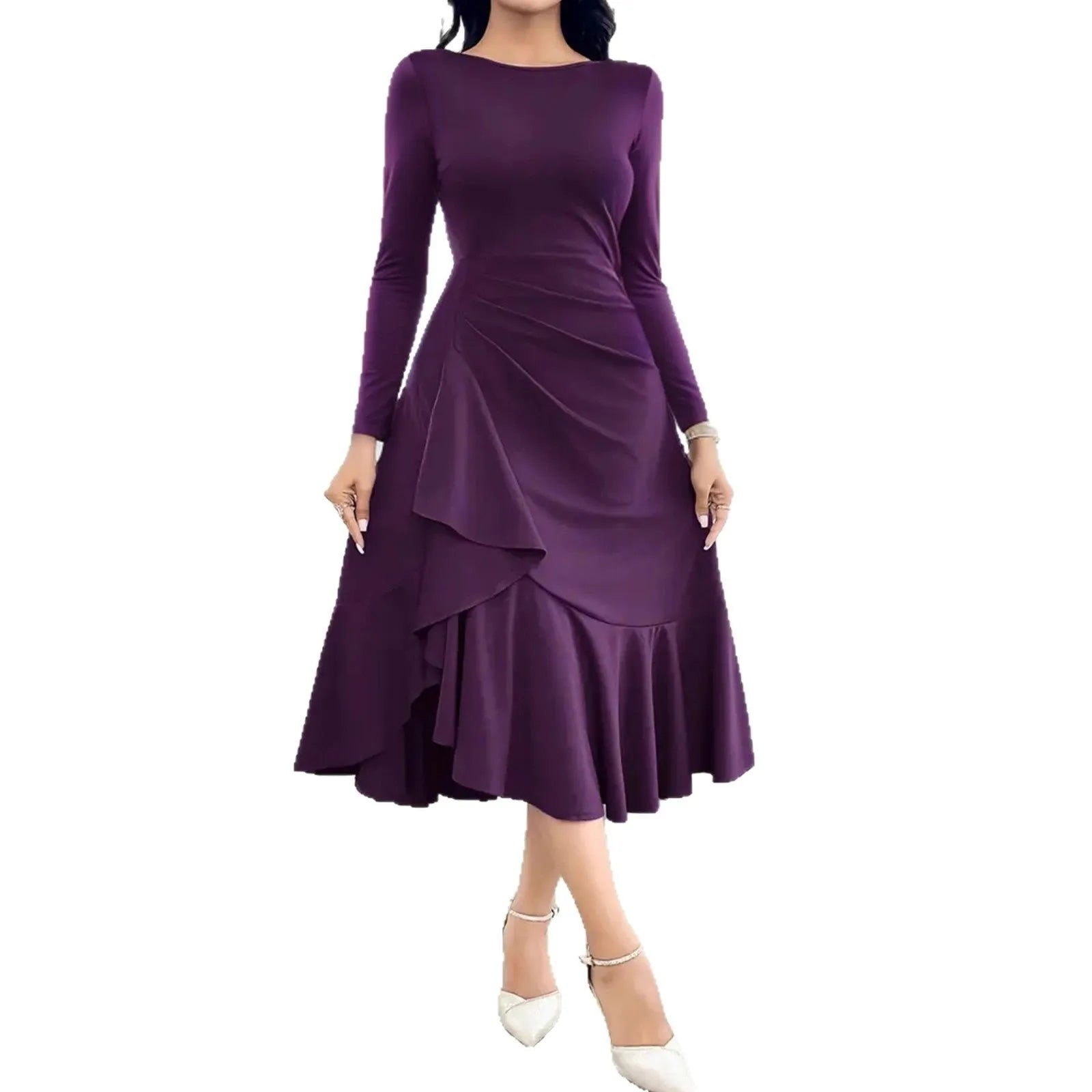 Purple women's dress with ruffle detailing, long sleeves, and round neck in mid waist design