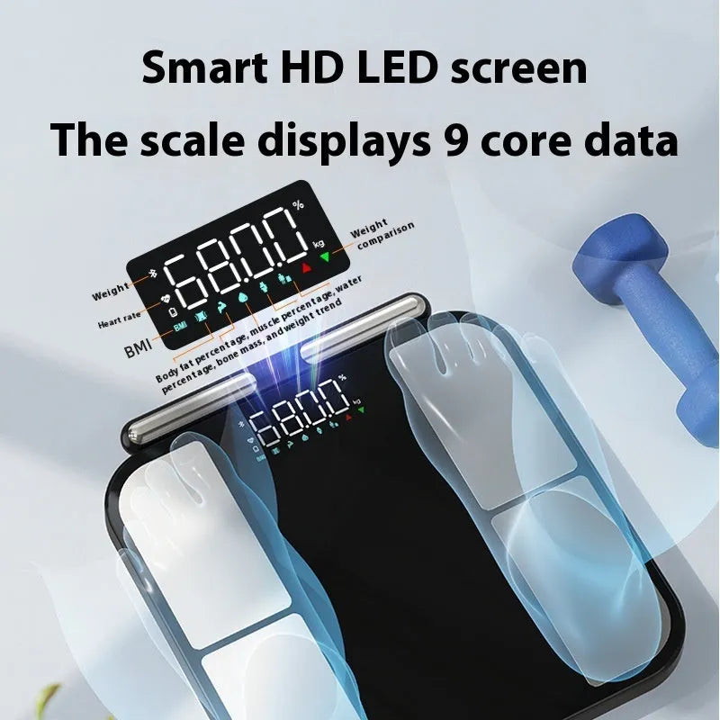 Black electronic weighing scale with tempered glass platform showing body fat percentage on colour display