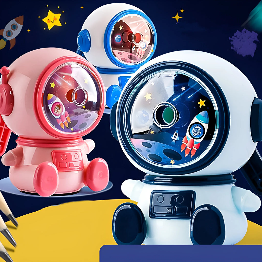 Astronaut-themed manual pencil sharpener in blue or pink with adjustable three-level sharpening for 2mm pencils