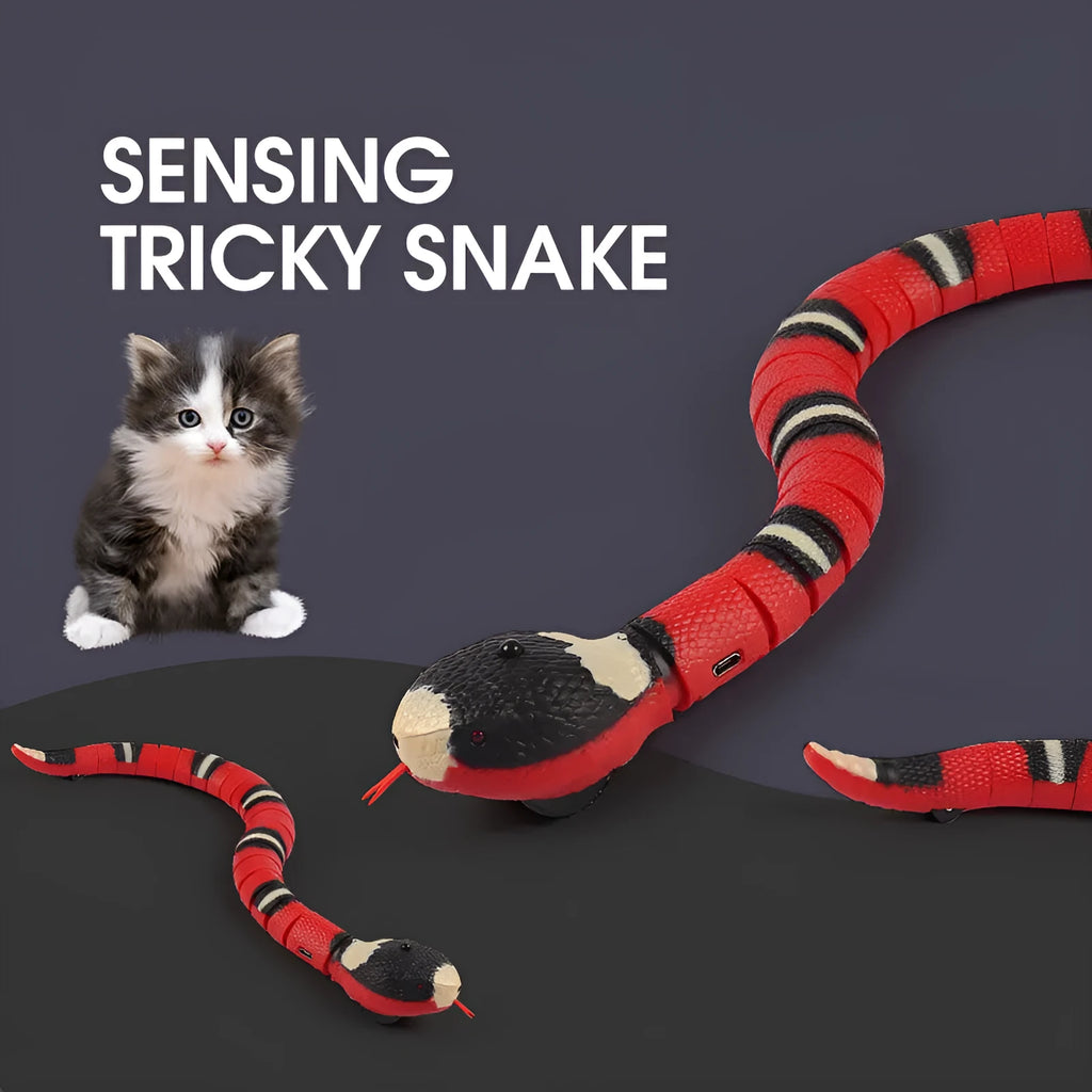 Smart sensing electronic snake cat toy with realistic cobra design on a floor