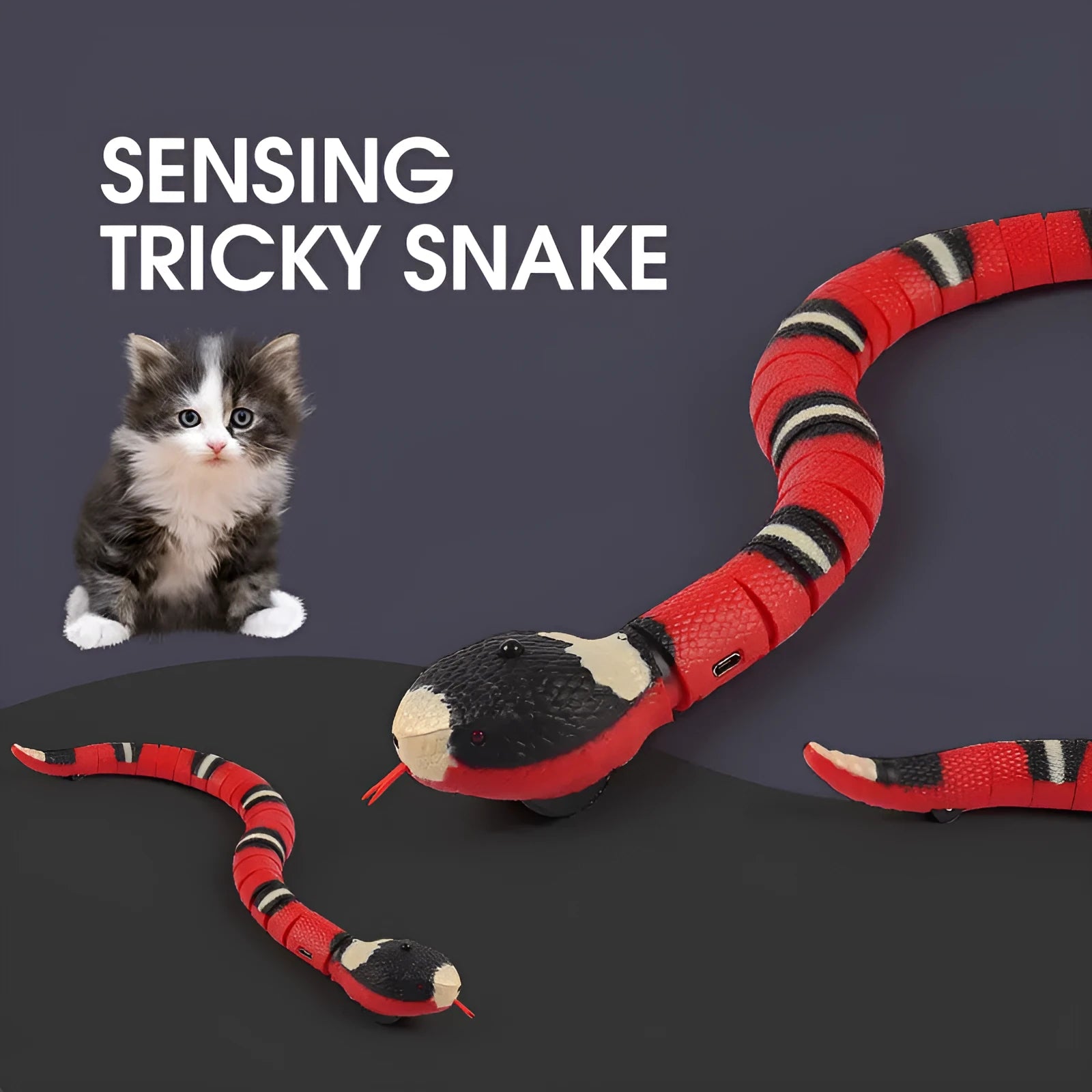Smart sensing electronic snake cat toy with realistic cobra design on a floor