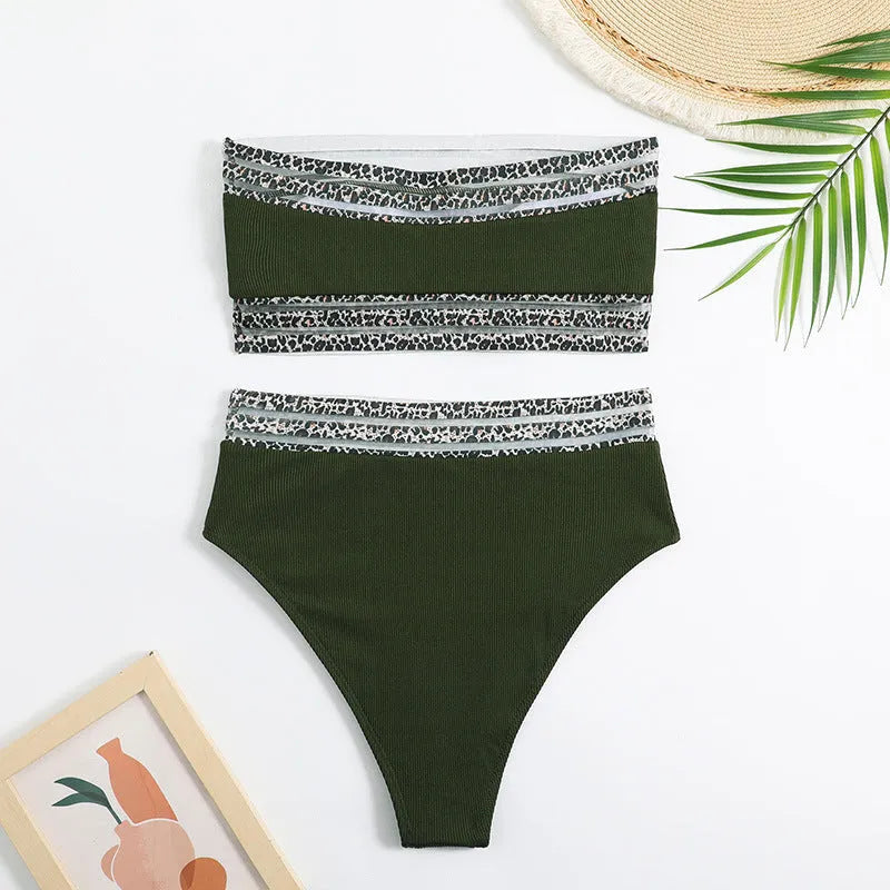 Black strapless bandeau bikini with leopard print pattern, showing front view of swimsuit