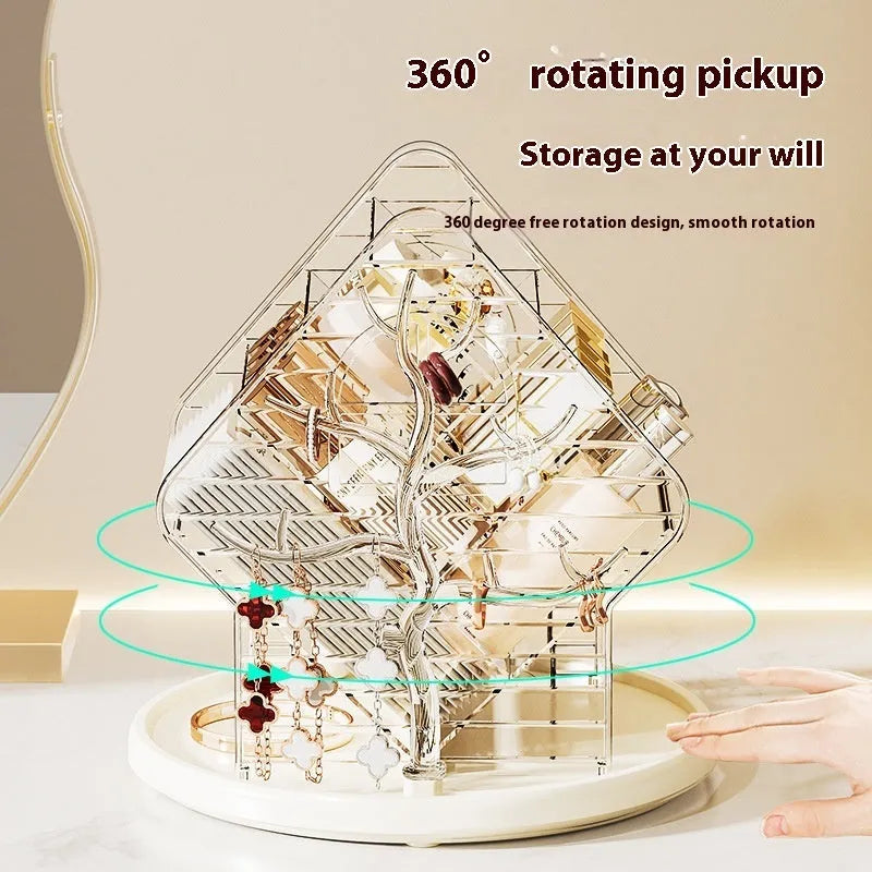 360-degree rotating cosmetics storage box in transparent plastic, clear or amber gold colour options