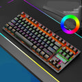 Gaming mechanical keyboard in black, white, blue, or pink colour with ABS housing and simple design.