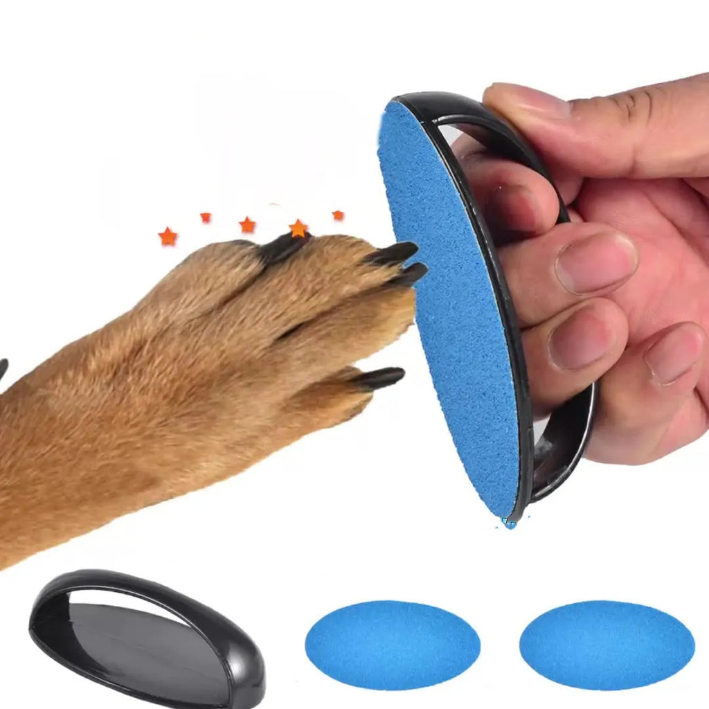 Round blue dog nail file board with ergonomic handle on a table.