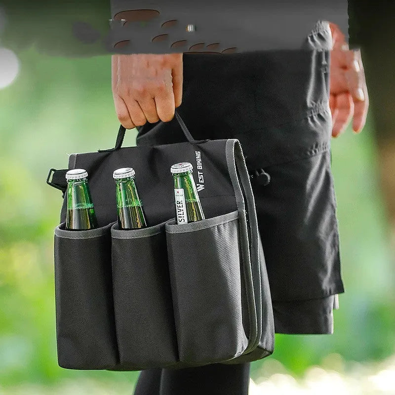 Black bicycle drink storage bag mounted on handlebars showing double-sided design and 2 litre capacity