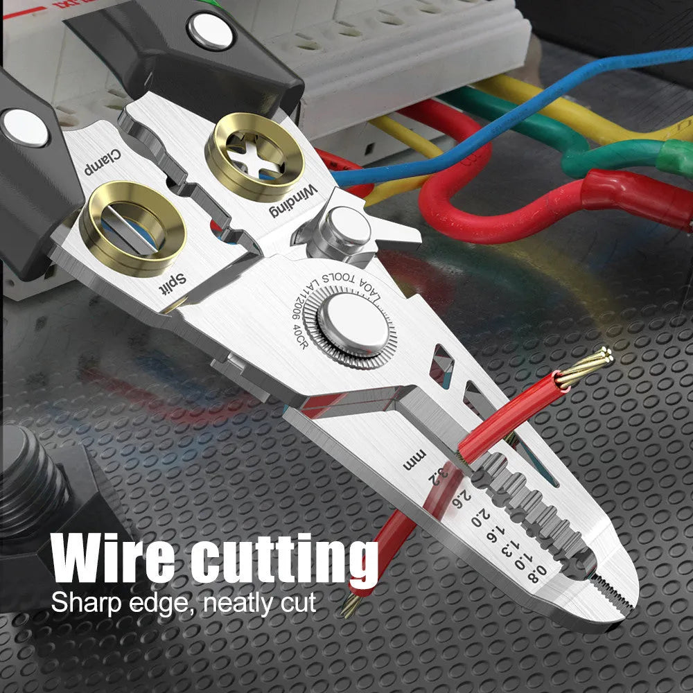 Stainless steel multifunctional wire stripper tool with seven stripping ports and a two-colour handle.