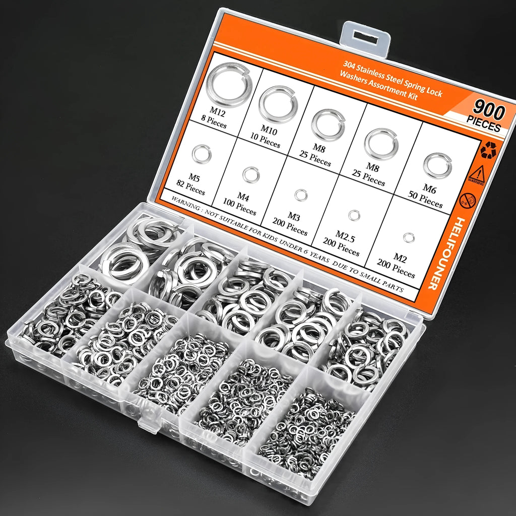 304 stainless steel spring lock washer combination box containing 900 pieces with 2-12mm inner diameter range