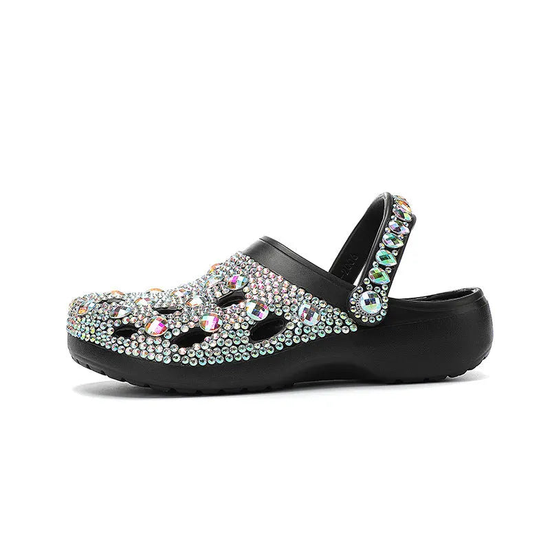 Black platform sandals for women with rhinestone detail on EVA upper and sole.