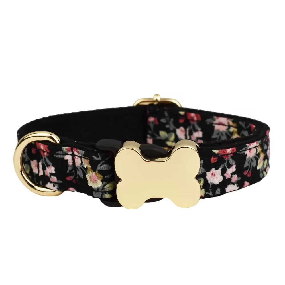 Flat nylon dog collar with a printed grid pattern and a bone-shaped buckle in multiple colour options.