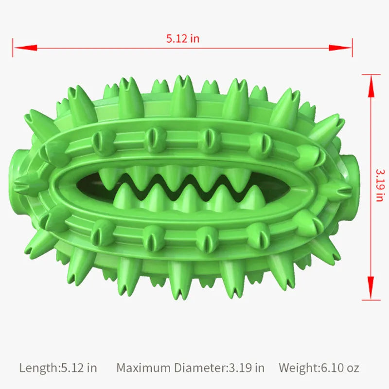Green or yellow cactus-shaped dog chew toy for dental cleaning, made from durable rubber.