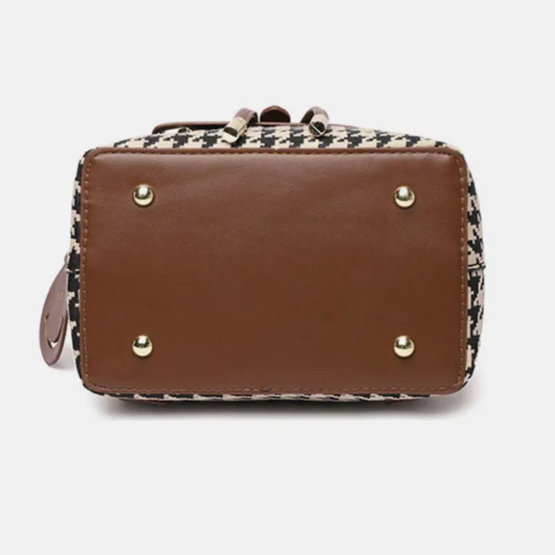 Women's houndstooth backpack in Ostrich with Khaki colour, medium size cylindrical shape with car stitching and contrast colour details