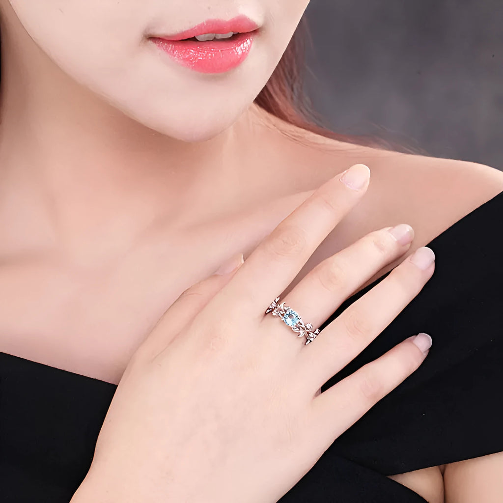 European American fashion zircon princess engagement ring with leaf design in aqua blue