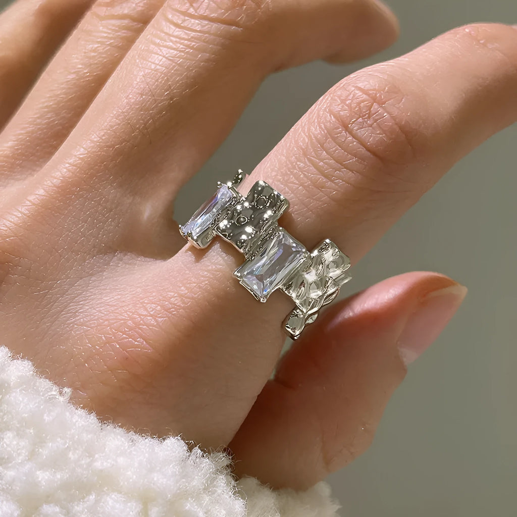 Silver open ring with cross zircon geometric design and three-dimensional decoration