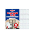 Pack of twelve white calcium chloride desiccant pouches for absorbing moisture in households.