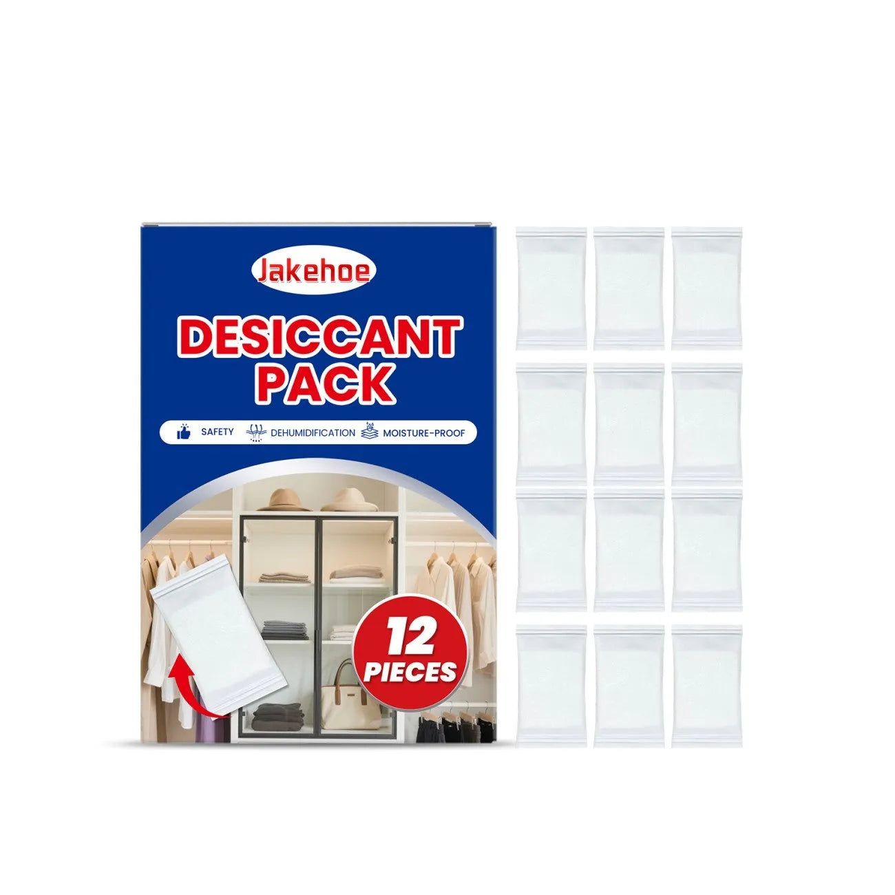 Pack of twelve white calcium chloride desiccant pouches for absorbing moisture in households.