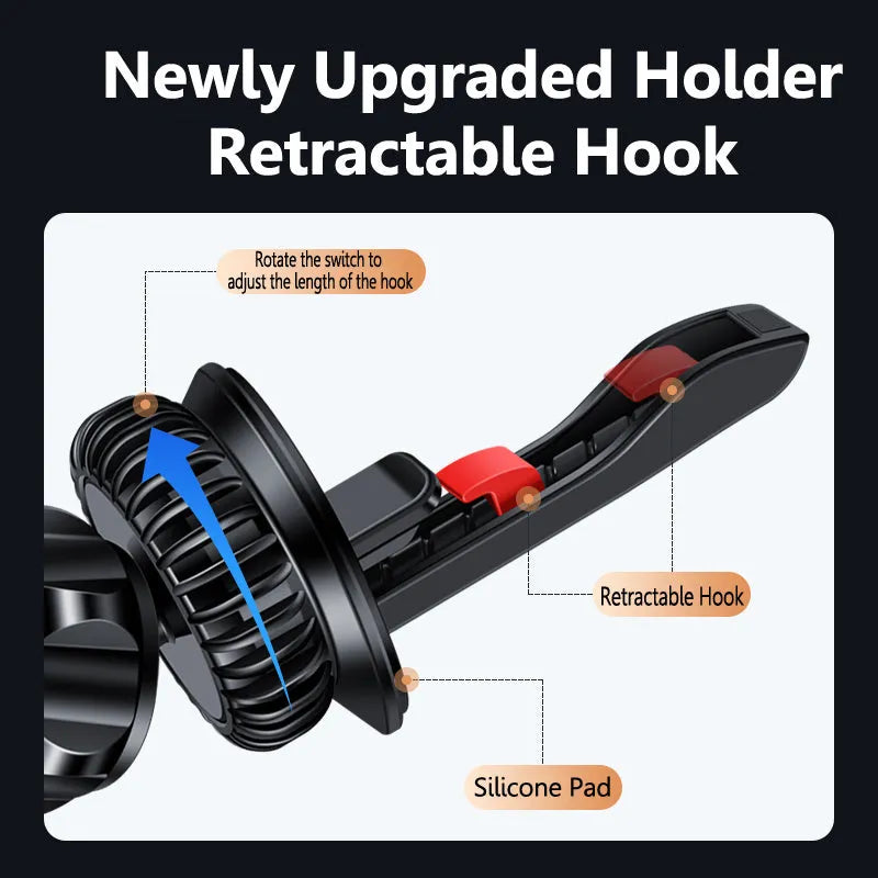 Silver magnetic car phone holder mounted on vehicle air vent with phone attached