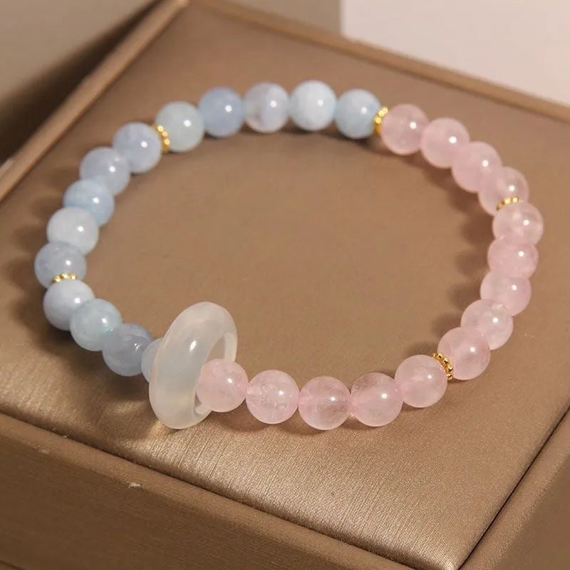 Handmade aquamarine crystal dopamine bracelet for women with mixed materials and geometric design