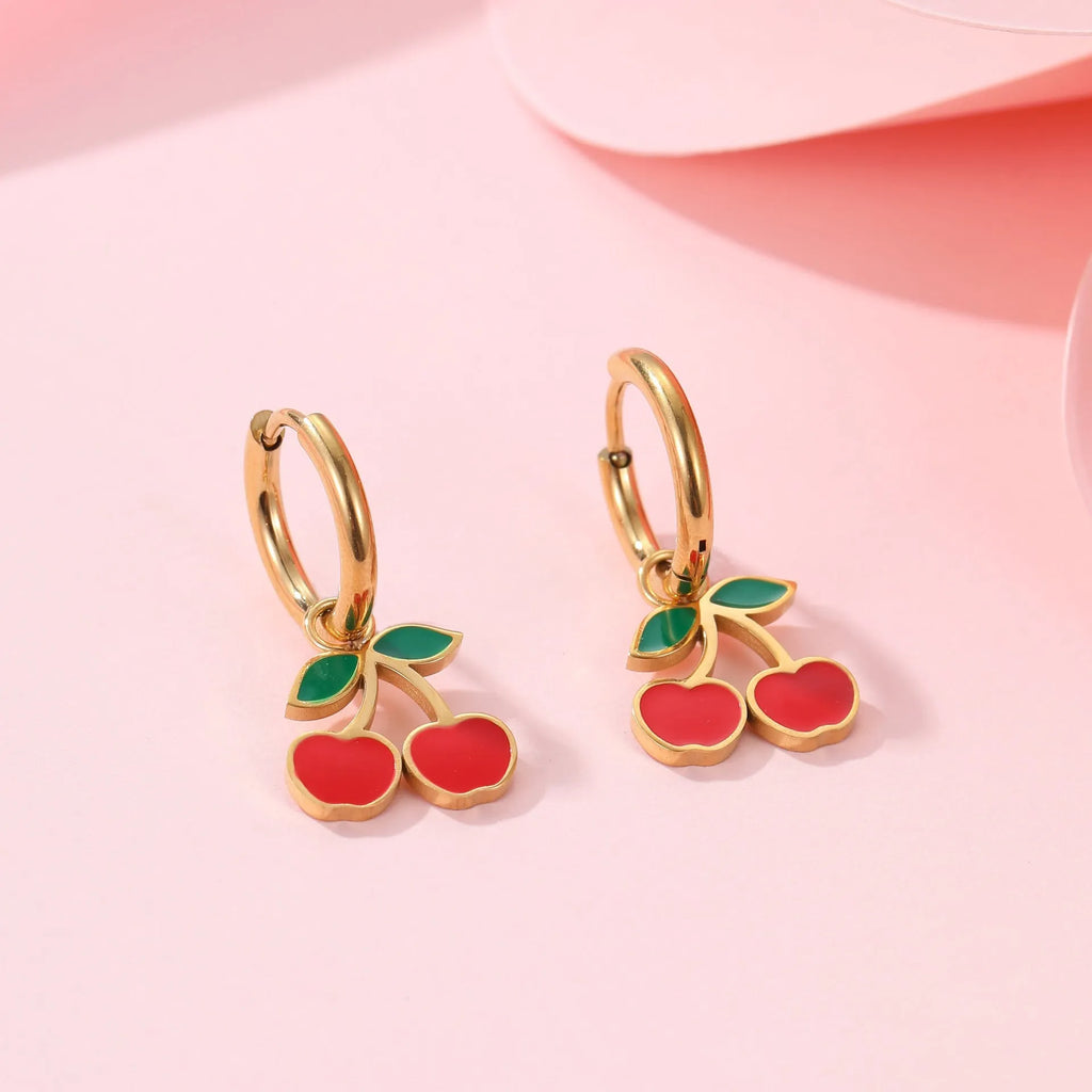 Cherry-themed jewellery set with necklace, bracelet, earrings and ring in stainless steel