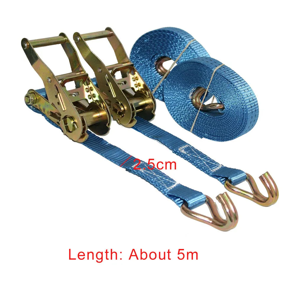 Steel ratchet tensioner fastening strap with double hooks and grey polyester webbing.