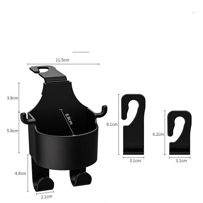 Black plastic car seat back organiser with cup holder and hook