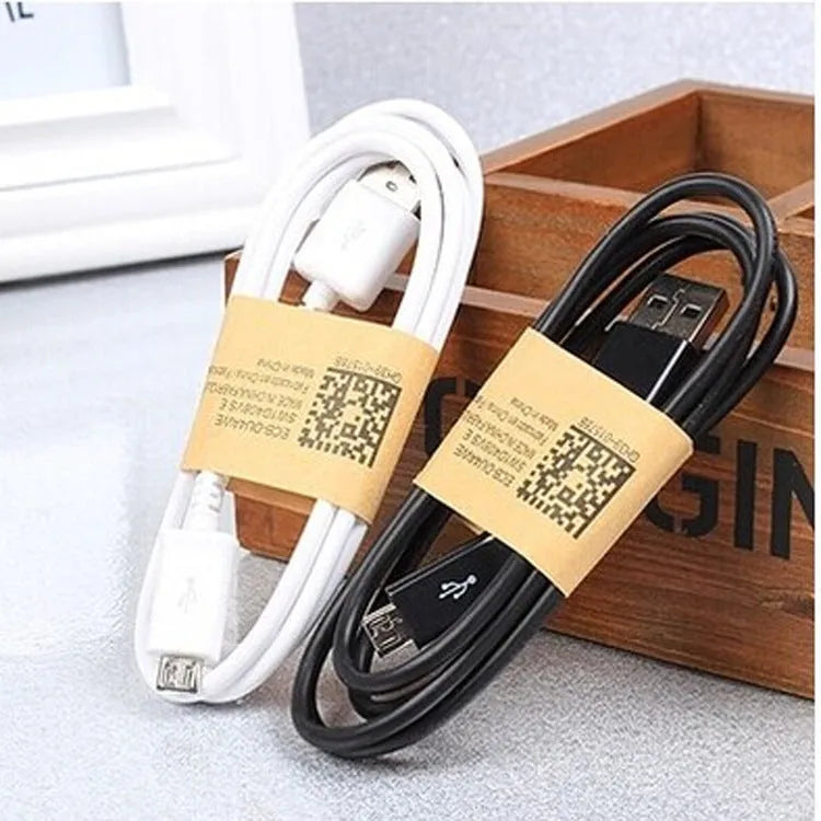 Android smartphone universal data cable with Micro USB connector in black and white colour options showing 1 metre length