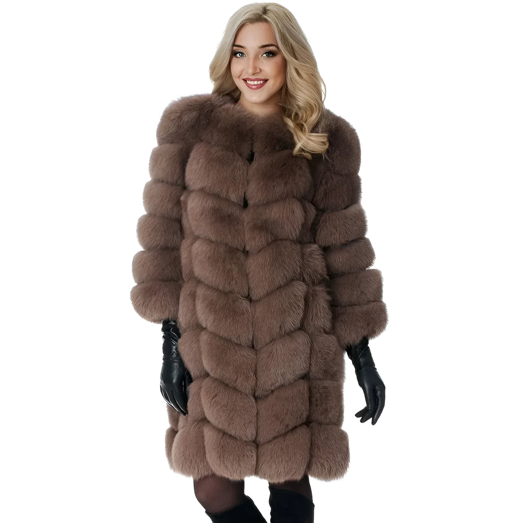 Women's long black artificial fur coat with 80cm length and regular sleeves.