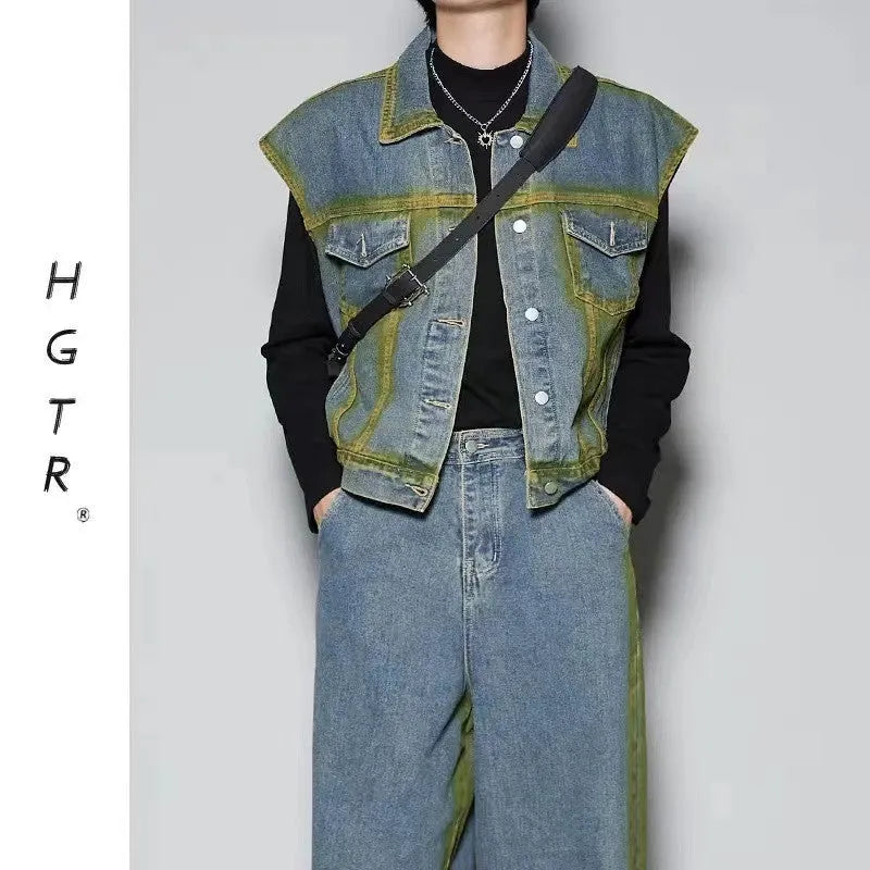 Blue distressed jeans suit two-piece set with sleeveless fleece-lined vest and matching trousers