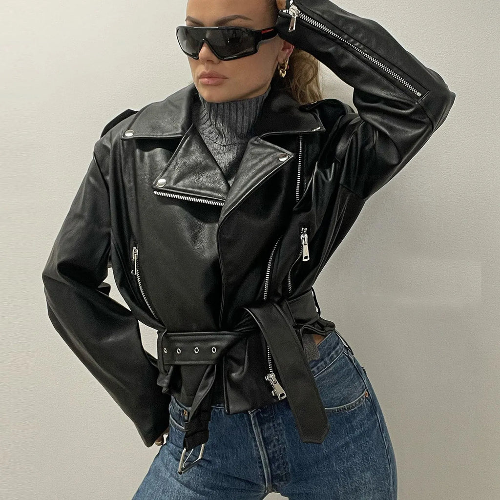 Black leather punk jacket with Peter Pan collar and drawstring waist closure