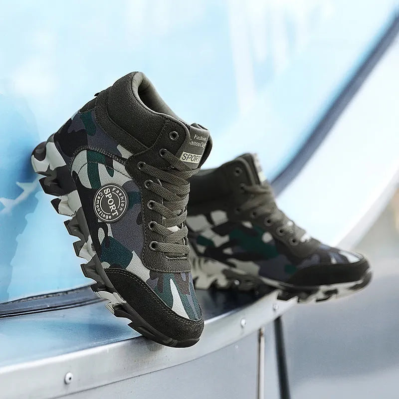 Women's green camouflage print canvas sneakers with a white rubber sole on a plain background.