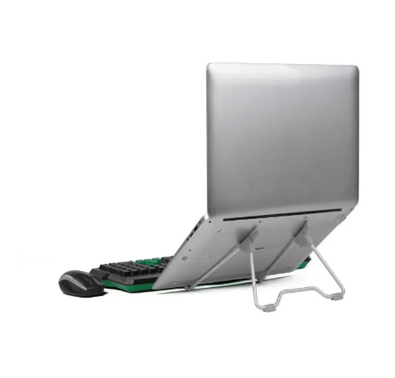 Grey aluminium alloy and plastic adjustable mobile phone and laptop stand shown folded and unfolded.