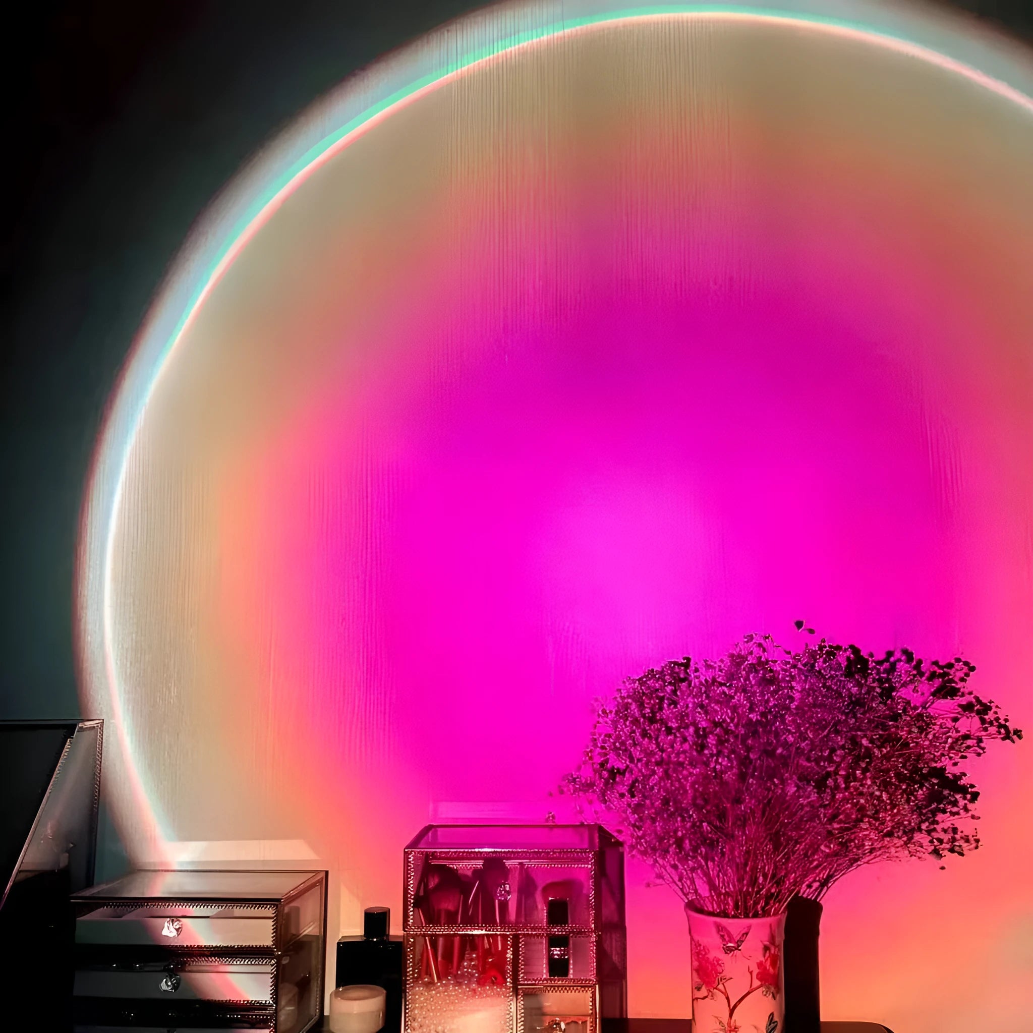 Rechargeable sunset lamp projecting rainbow colours with USB cable and push-button control