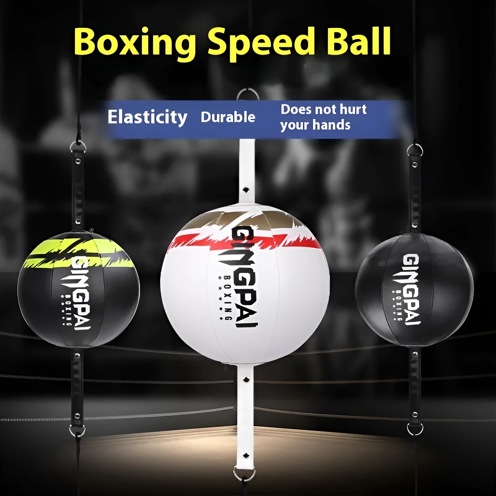 Hanging boxing speed ball in three colour options: black, black and green, or white