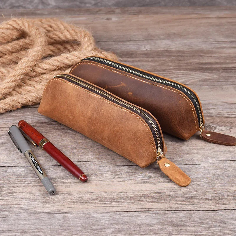 Square brown genuine cowhide leather pencil case with zipper closed