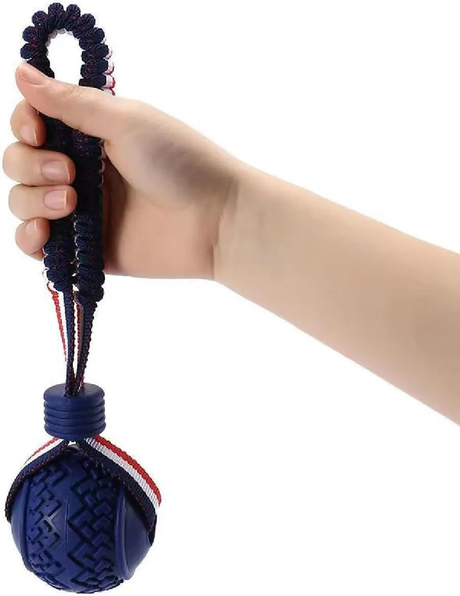 Blue rubber dog ball with attached rope for tug-of-war games