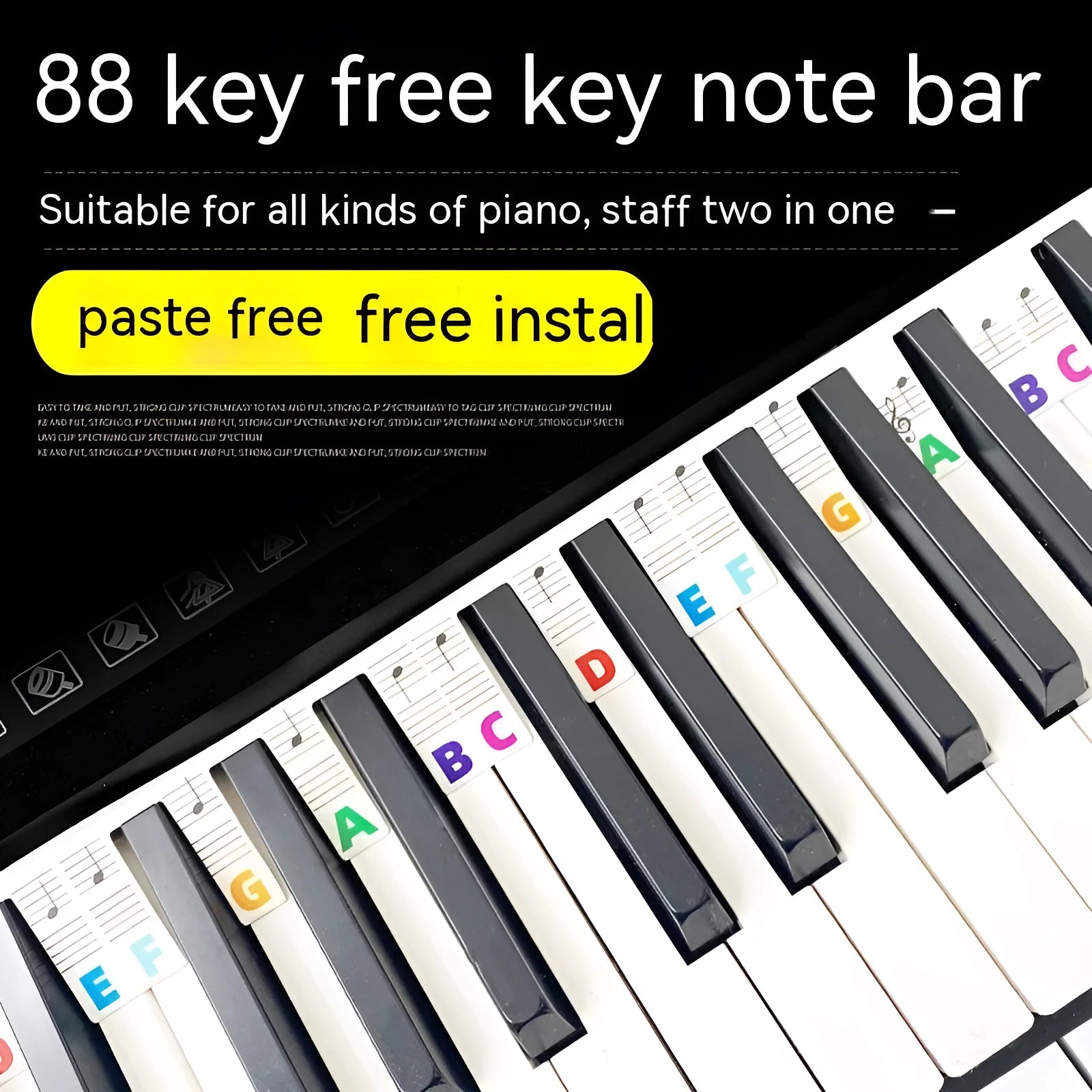 88 key piano keyboard stickers with staff notation and colour-coded note bars on white card