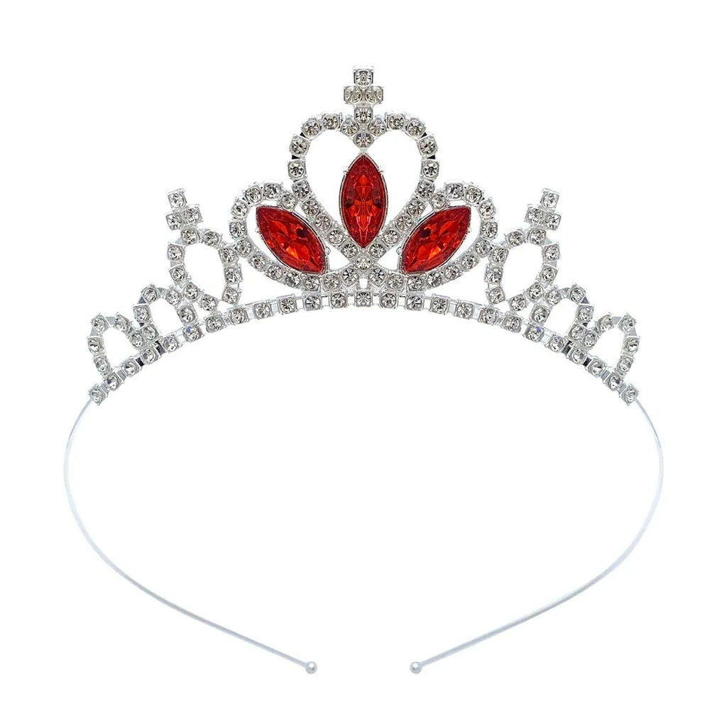 Gold alloy princess crown headdress with red diamond coloured stones for girls birthday party