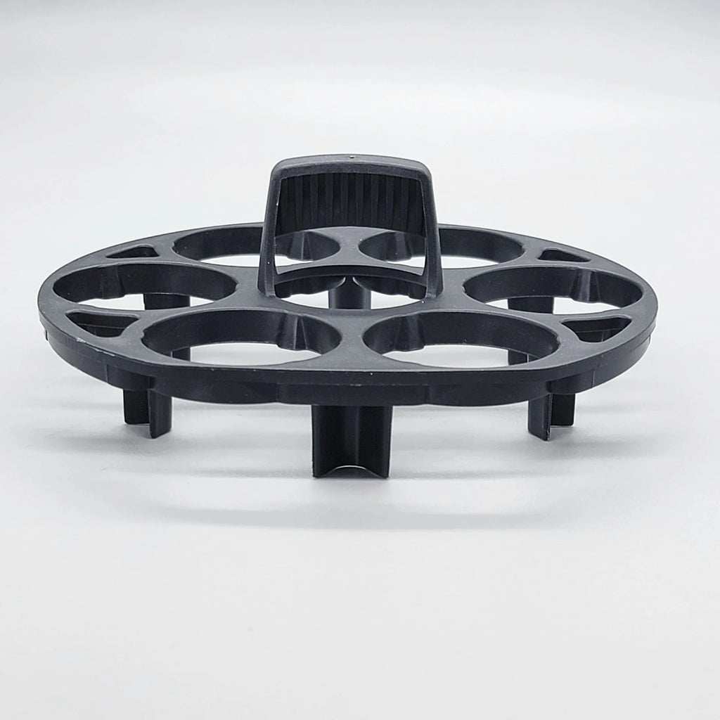 A black plastic egg holder rack for kitchen cooking machine storage, shown with dimensions.