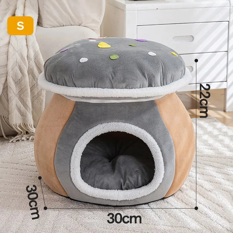 Mushroom-shaped thermal plush cat bed in gray, pink or purple colour options